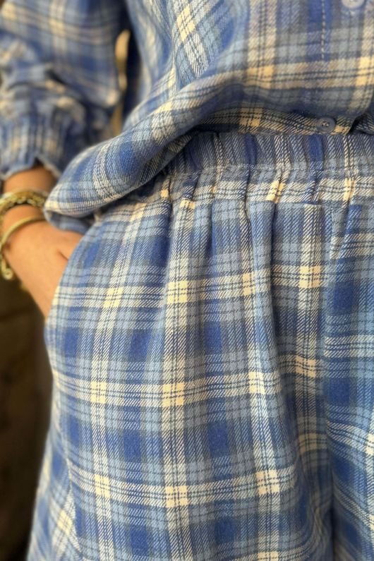 Patrick Plaid Brushed Cotton Barrel Pant Soft Cobalt